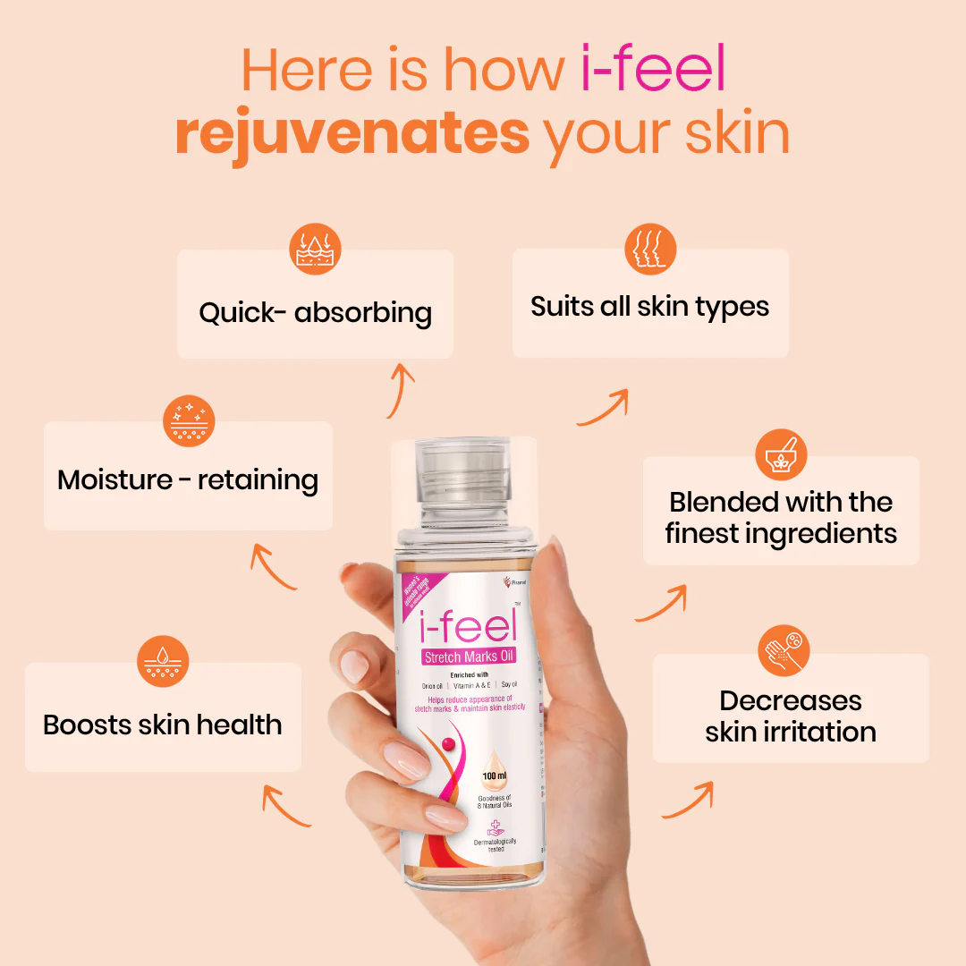 i-feel stretch marks oil |For Stretch marks removal, even toned skin |With Goodness of Vitamin A, E and natural oils| 100 ml| Dermatologically tested - Image 3