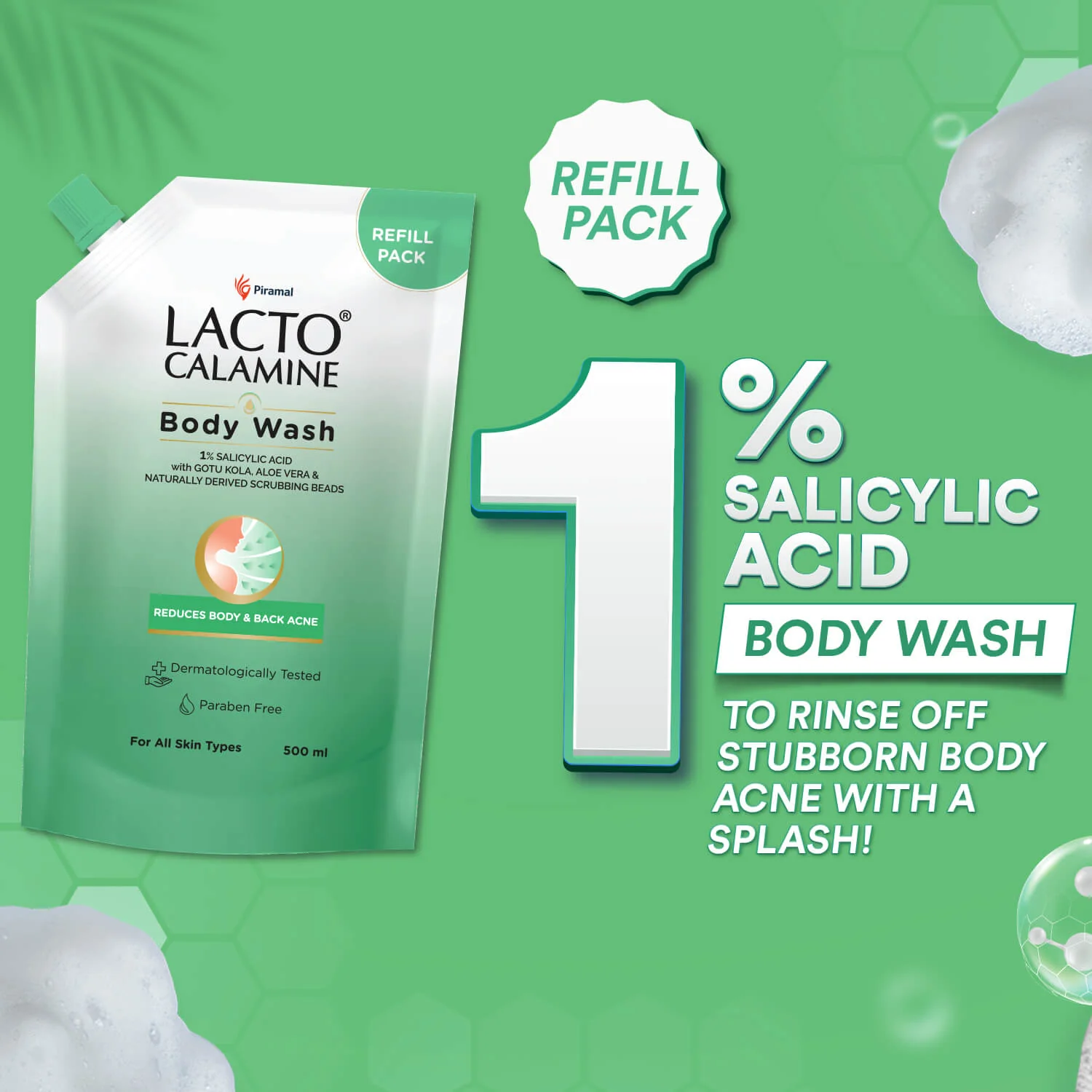 Lacto Calamine 1% Salicylic Acid Body Wash | Pouch Pack | With Cica, Aloe Vera, Turmeric & Naturally Derived Scrubbing Beads |Reduce Stubborn Body Acne | For Women| - Image 3