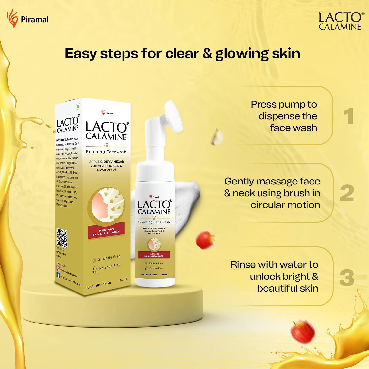 Lacto Calamine Apple Cider Vinegar Foaming Face wash|Maintains skin pH balance for healthy skin | Bright & glowing skin| With Built-in foaming Brush|150ml - Image 4