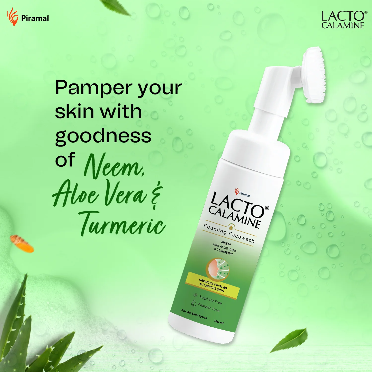 Lacto Calamine Neem Aloe Turmeric Foaming Face wash| Reduces pimples| Purifies skin| With Built-in foaming Brush|Sulphate free face wash|Paraben Free| 150 ml - Image 5