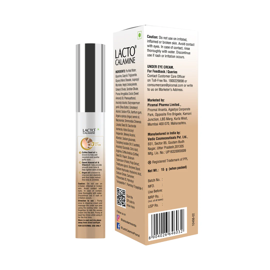 Lacto Calamine Under Eye Cream For Dark Circles for Women & Men | Fine Lines & Puffy Eyes With Cooling Massage Roller | With Coffee Oil, Multi-Peptides, Niacinamide, & Vitamin E | 15g - Image 7