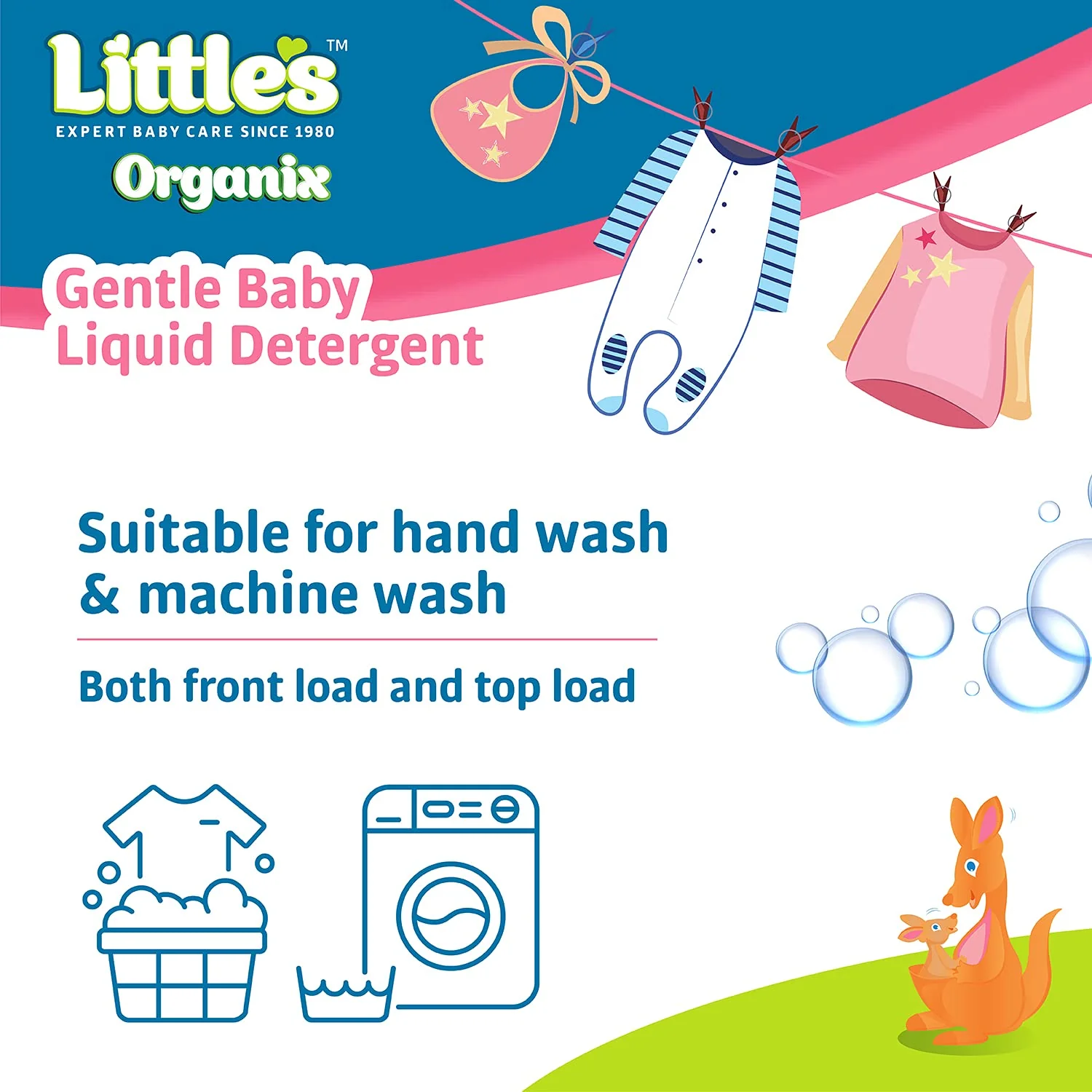 Little's Organix Gentle Baby Liquid Detergent | Enriched with Aloe Vera and Neem extracts | Free from Parabens, Phosphates, Brighteners & Bleach - 1L - Image 5