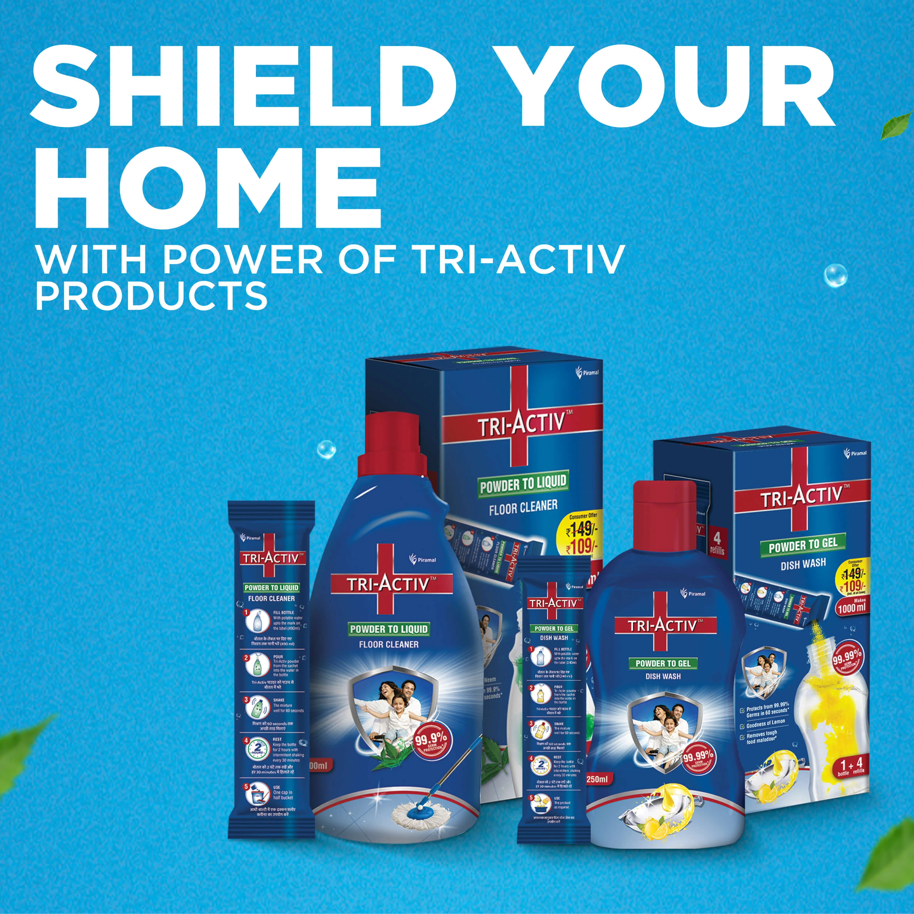 Tri-Activ Powder to Liquid Floor Cleaner | Makes 1500ml Floor Cleaning Liquid | Disinfectant Surface & Floor Cleaner Liquid | Suitable for All Floor Cleaner Mops | Kills 99.9% Germs - Neem - Image 7